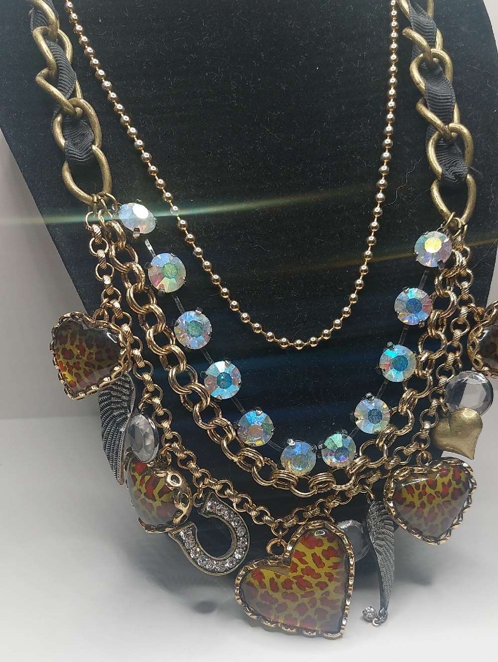 Betsey Johnson Leopard Lucite Puffy Heart Charm 4 Tiered Statement Necklace - Picture 3 of 16